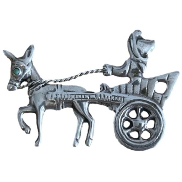 Vintage Mexican Silver 925 Donkey and Cart Pin with GenuineTurquoise Eye - Picture 1 of 10